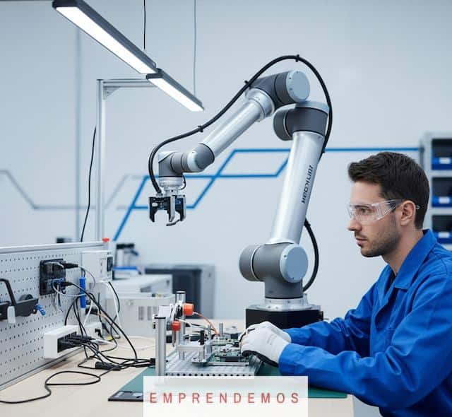 Cobot trabajando junto a un operario en una estación industrial