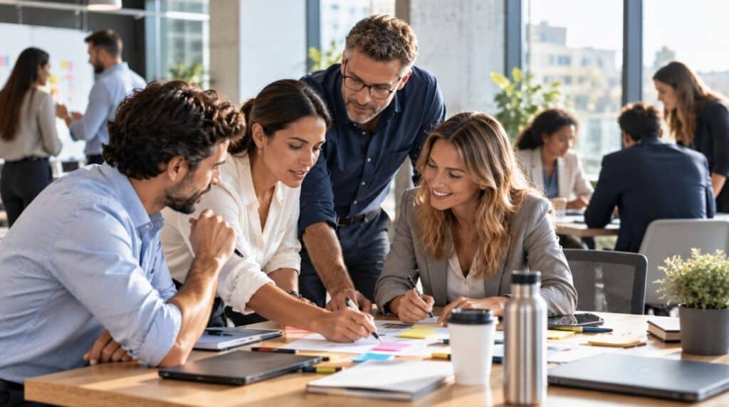 Profesionales colaborando durante una actividad de equipo