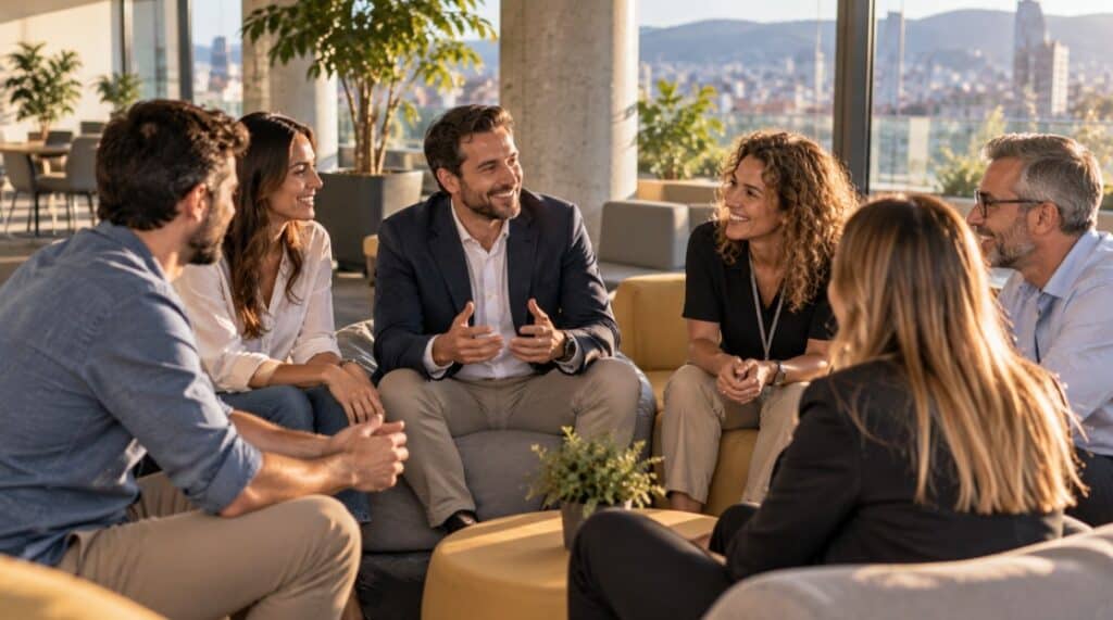 Equipo comentando los resultados de una jornada de team building